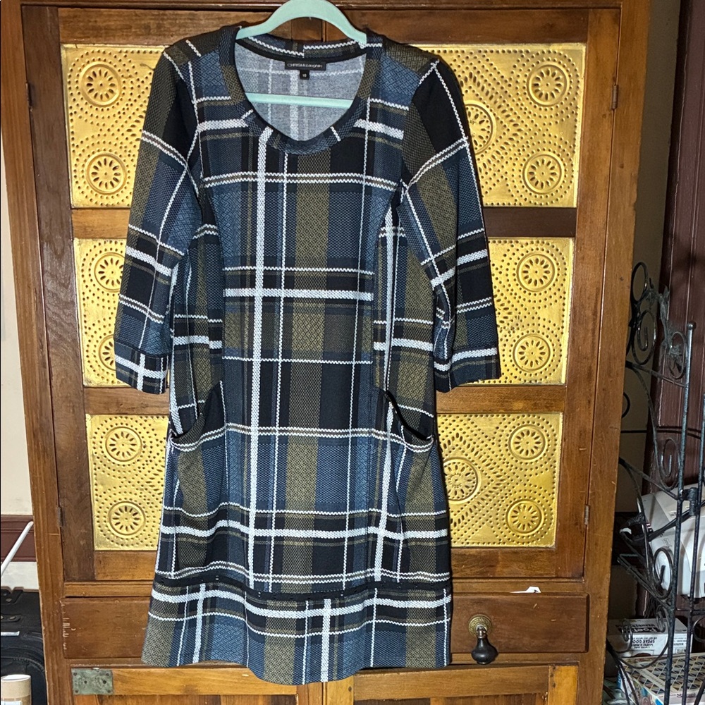 Belk Plaid Long Sleeve Dress in Blue, Black, and Tan
